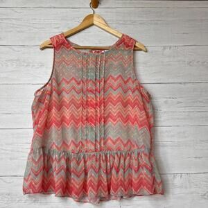 Elle Top Womens SZ XL Pastel Chevron Swiss Dot Peplum Sheer Sleeveless Dollette